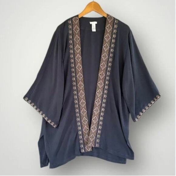 J. Jill Kimono One Size Open Front Gauze Cardigan Boho Geometric Embroidered Tri - Picture 12 of 12